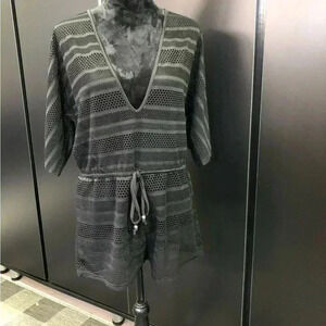 Blue Island Romper,swim coverup,mid sleeve V-neck,tie waist,crocheted,open back